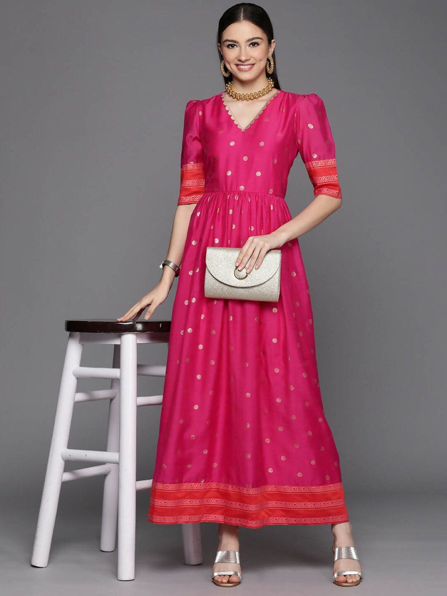 Ahalyaa Women's Pink Chanderi Gold Foil Print Dress - Distacart