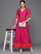 Ahalyaa Women's Pink Chanderi Gold Foil Print Dress - Distacart