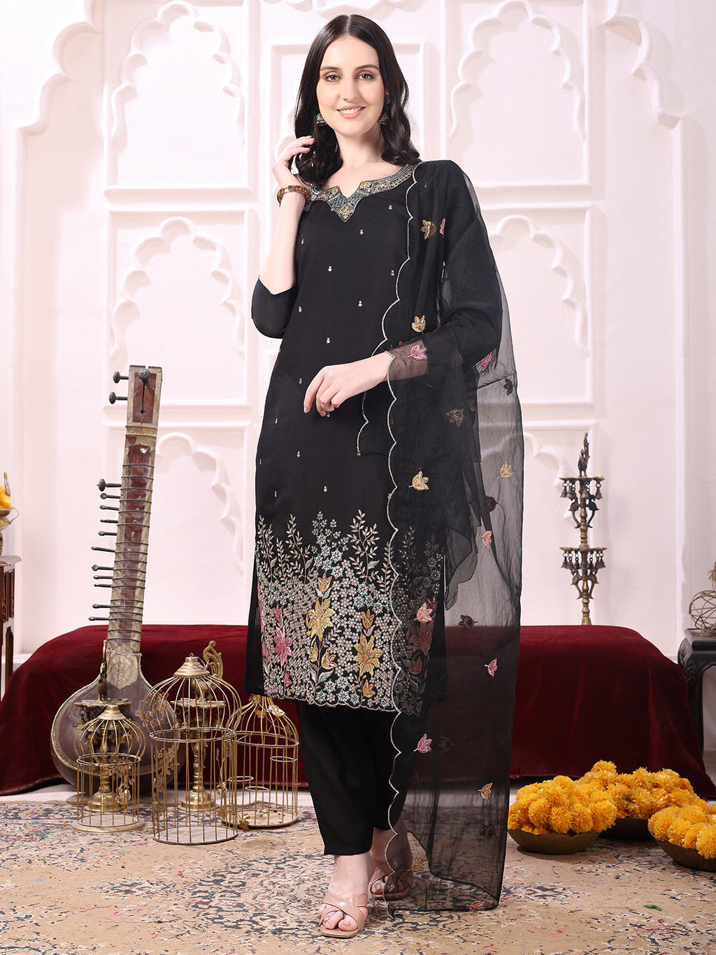 Sequinned & Thread Embroidered Kurta With Pant & Embroidered Dupatta, Black - Hiral Fashion - Distacart