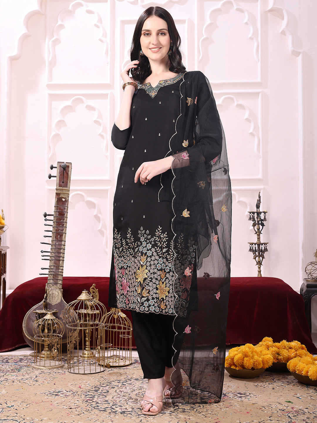 Sequinned & Thread Embroidered Kurta With Pant & Embroidered Dupatta, Black - Hiral Fashion - Distacart