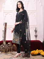 Sequinned & Thread Embroidered Kurta With Pant & Embroidered Dupatta, Black - Hiral Fashion - Distacart