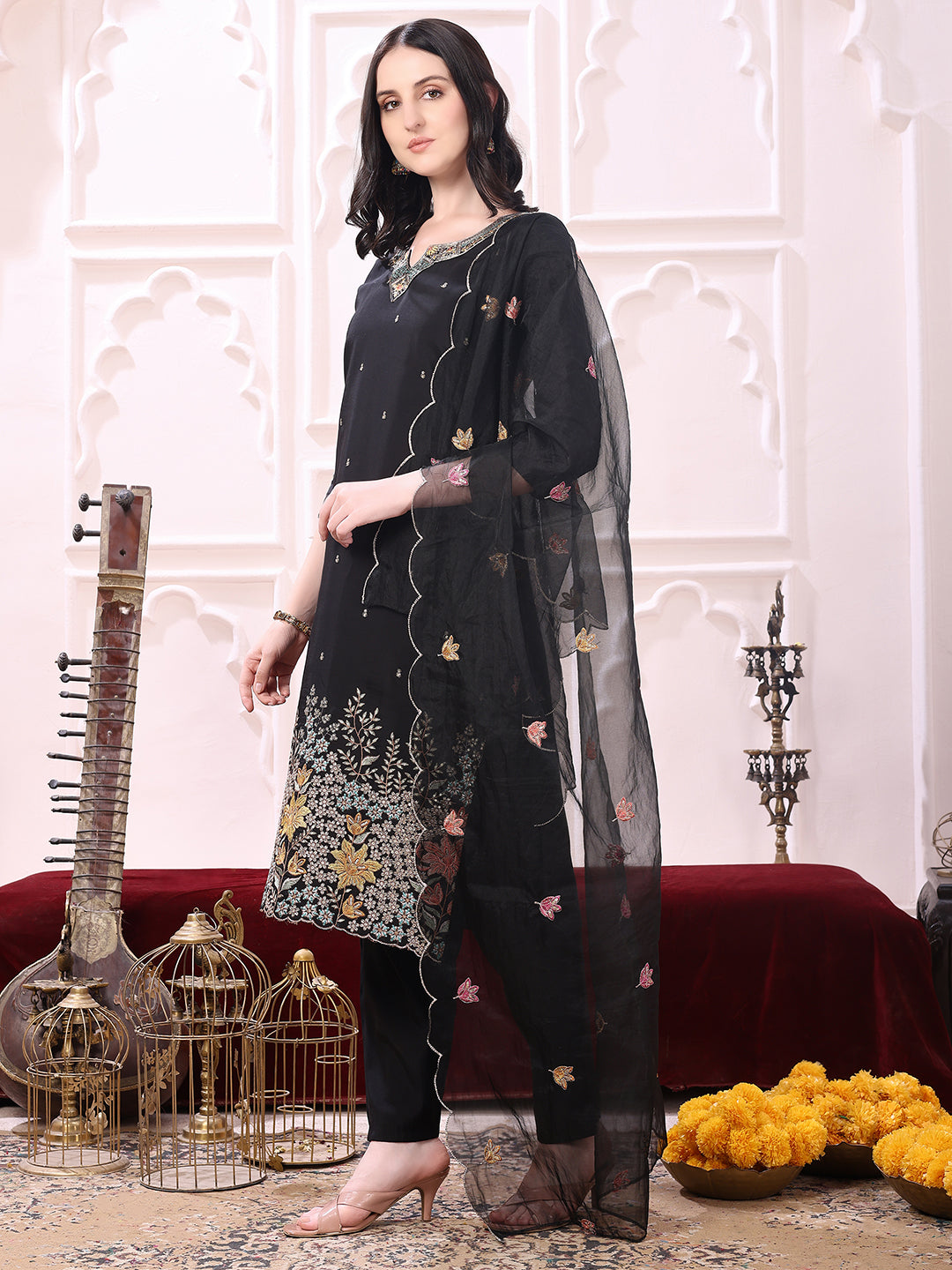 Sequinned & Thread Embroidered Kurta With Pant & Embroidered Dupatta, Black - Hiral Fashion - Distacart