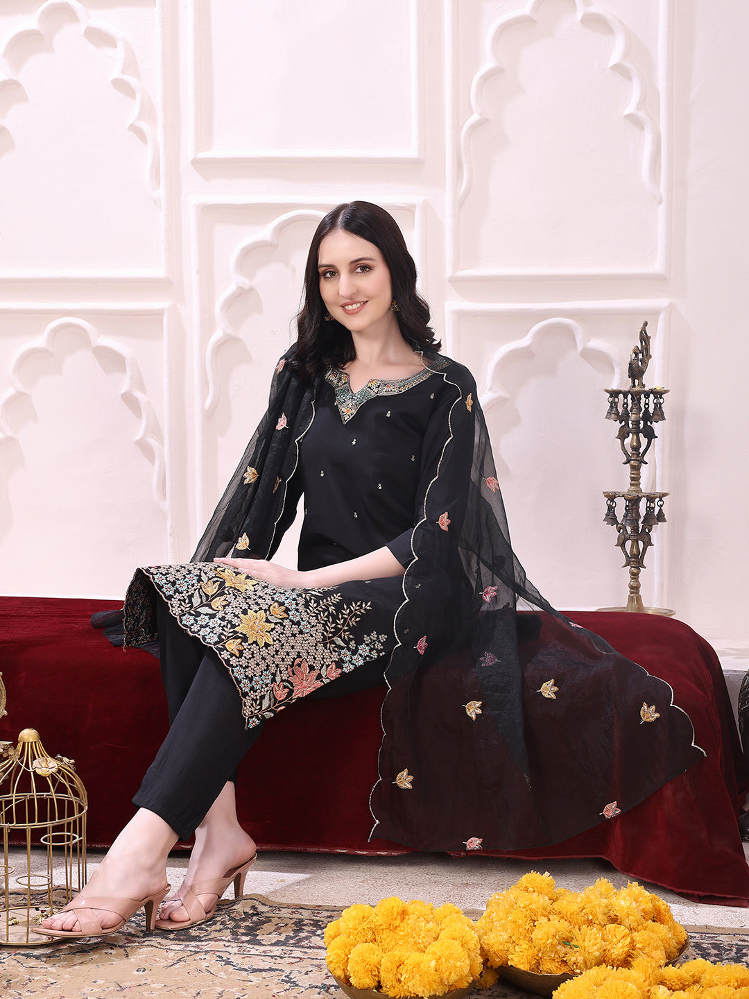 Sequinned & Thread Embroidered Kurta With Pant & Embroidered Dupatta, Black - Hiral Fashion - Distacart