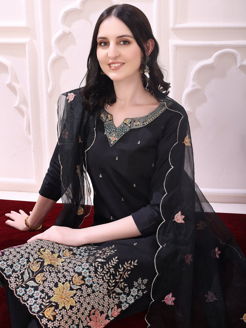 Sequinned & Thread Embroidered Kurta With Pant & Embroidered Dupatta, Black - Hiral Fashion - Distacart
