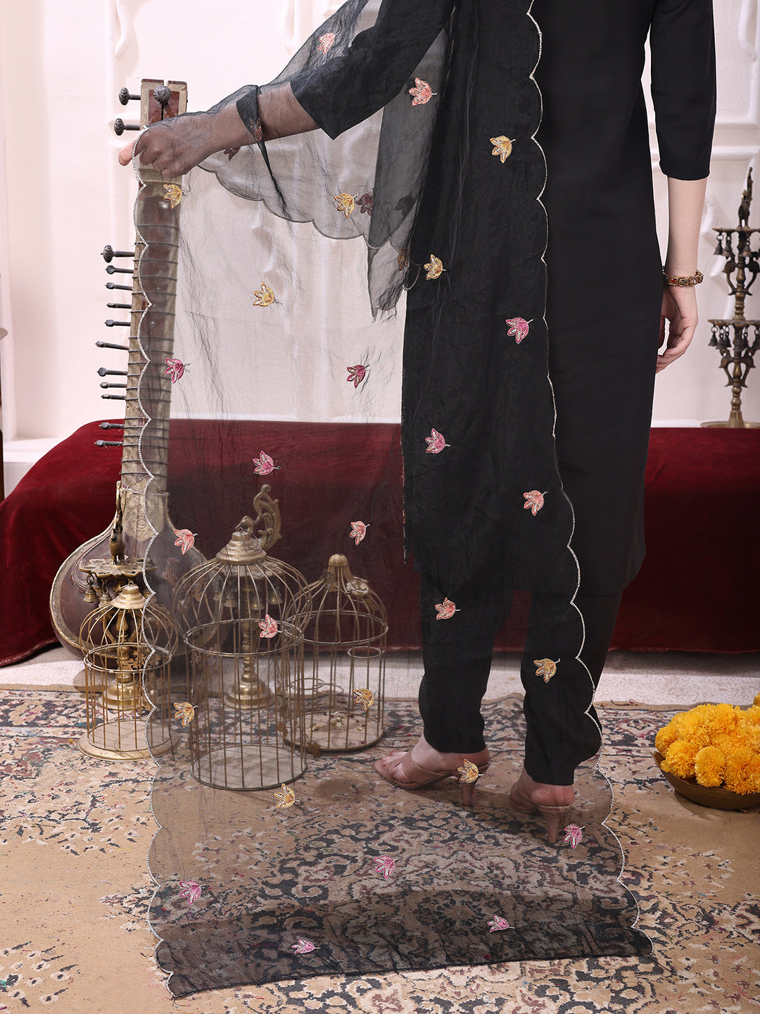 Sequinned & Thread Embroidered Kurta With Pant & Embroidered Dupatta, Black - Hiral Fashion - Distacart