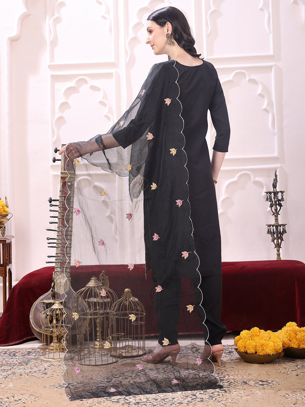 Sequinned & Thread Embroidered Kurta With Pant & Embroidered Dupatta, Black - Hiral Fashion - Distacart