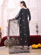 Sequinned & Thread Embroidered Kurta With Pant & Embroidered Dupatta, Black - Hiral Fashion - Distacart