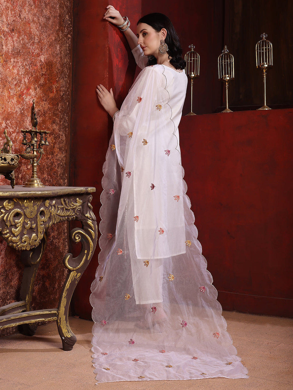 Sequinned & Thread Embroidered Kurta With Pant & Embroidered Dupatta, White - Hiral Fashion - Distacart