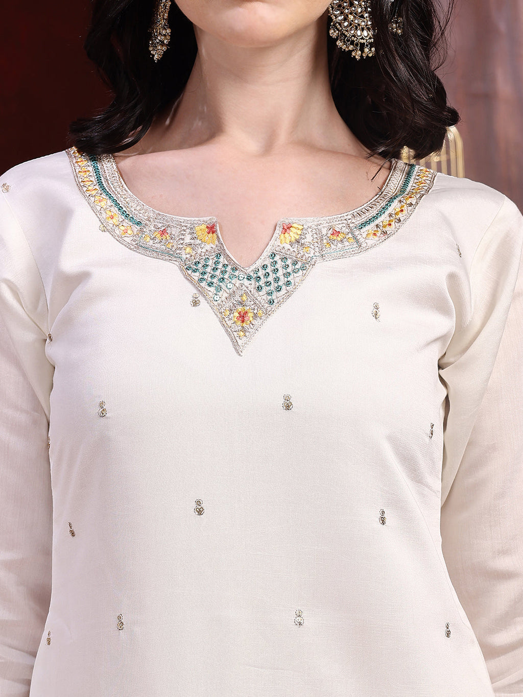 Sequinned & Thread Embroidered Kurta With Pant & Embroidered Dupatta, White - Hiral Fashion - Distacart
