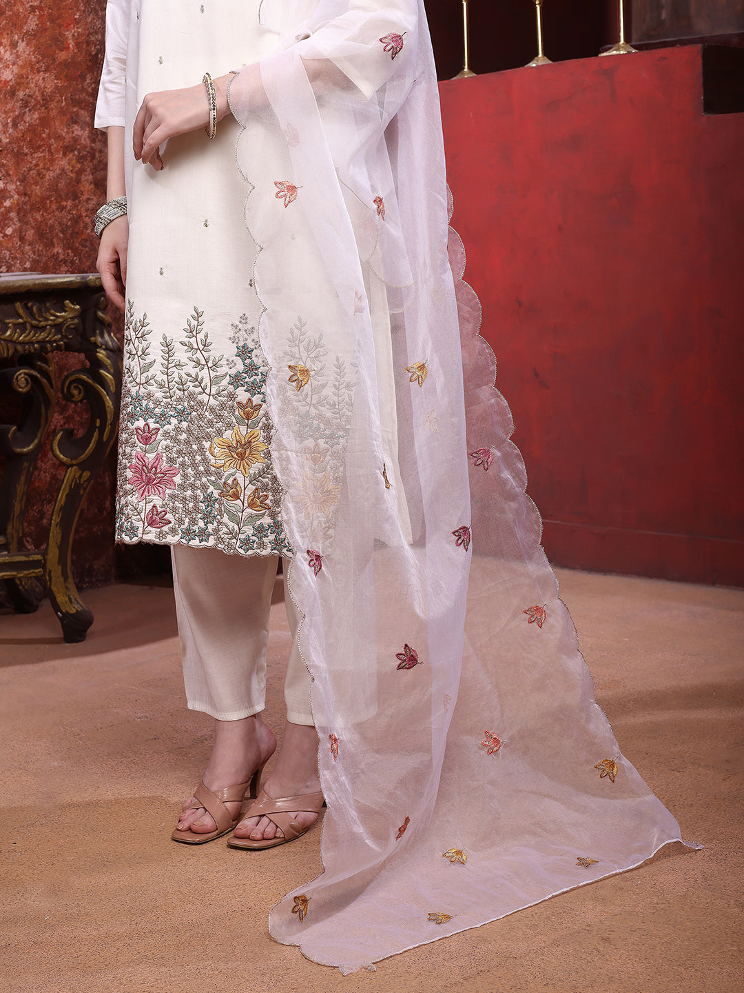 Sequinned & Thread Embroidered Kurta With Pant & Embroidered Dupatta, White - Hiral Fashion - Distacart