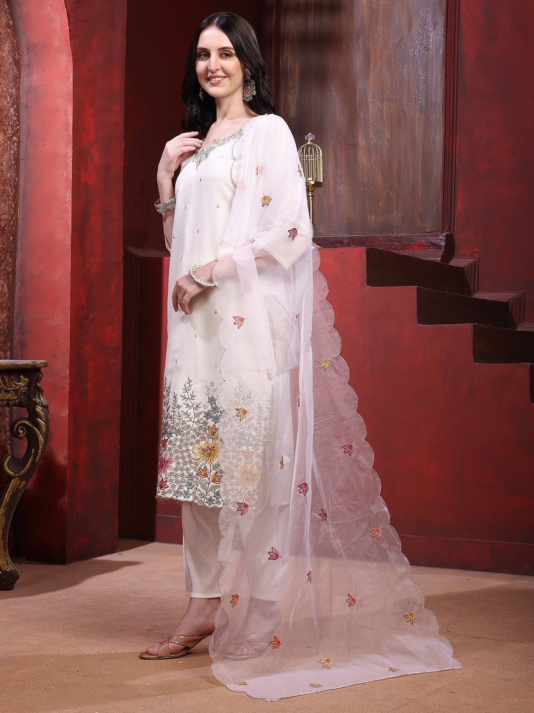 Sequinned & Thread Embroidered Kurta With Pant & Embroidered Dupatta, White - Hiral Fashion - Distacart