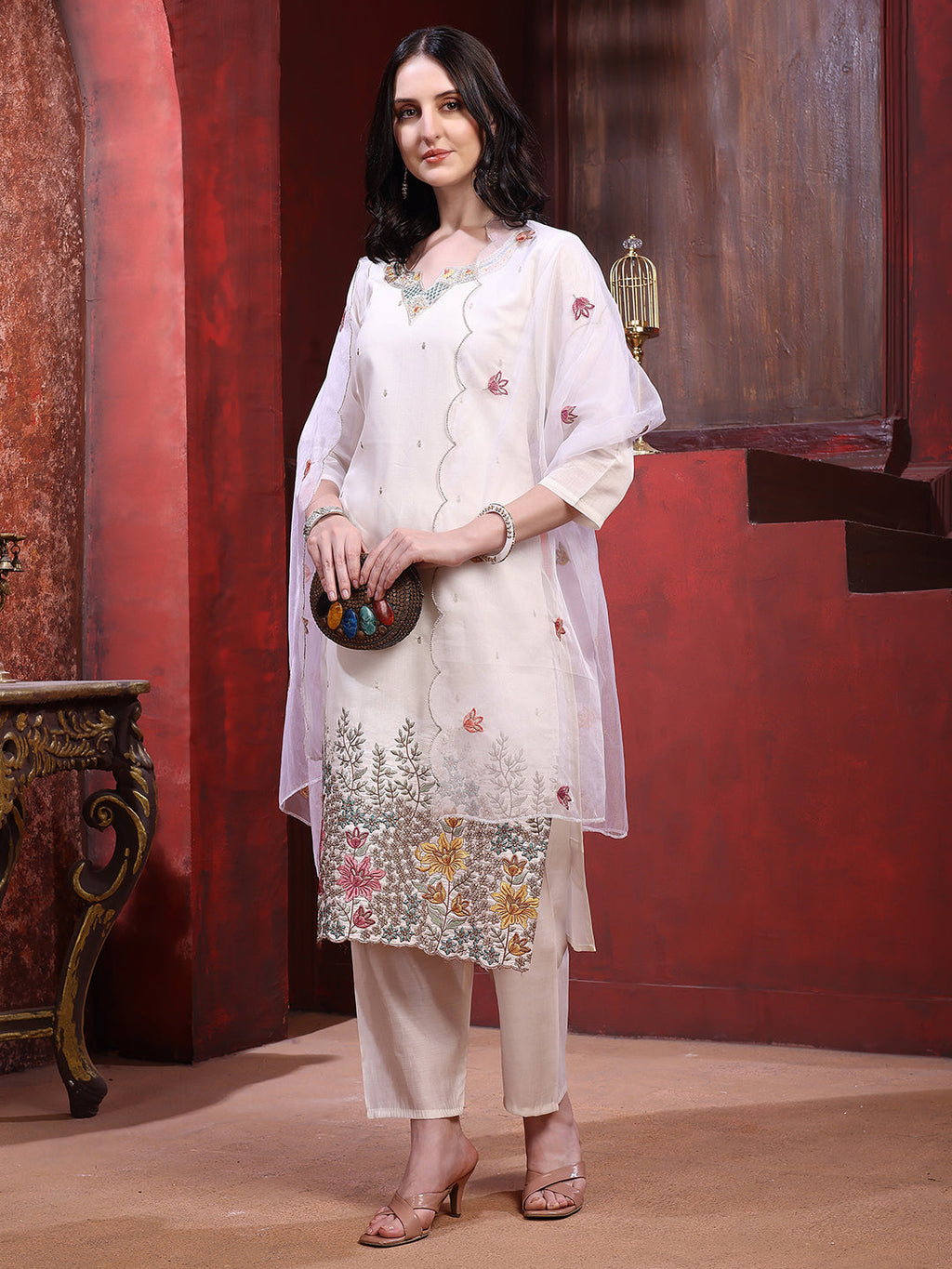 Sequinned & Thread Embroidered Kurta With Pant & Embroidered Dupatta, White - Hiral Fashion - Distacart