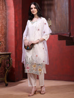Sequinned & Thread Embroidered Kurta With Pant & Embroidered Dupatta, White - Hiral Fashion - Distacart