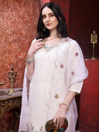 Sequinned & Thread Embroidered Kurta With Pant & Embroidered Dupatta, White - Hiral Fashion - Distacart