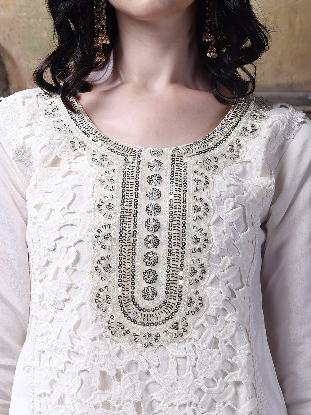 Applique Embroidered Kurta With Pant & Embroidered Dupatta, Cream - Hiral Fashion - Distacart