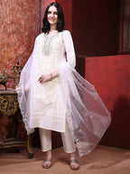 Applique Embroidered Kurta With Pant & Embroidered Dupatta, Cream - Hiral Fashion - Distacart