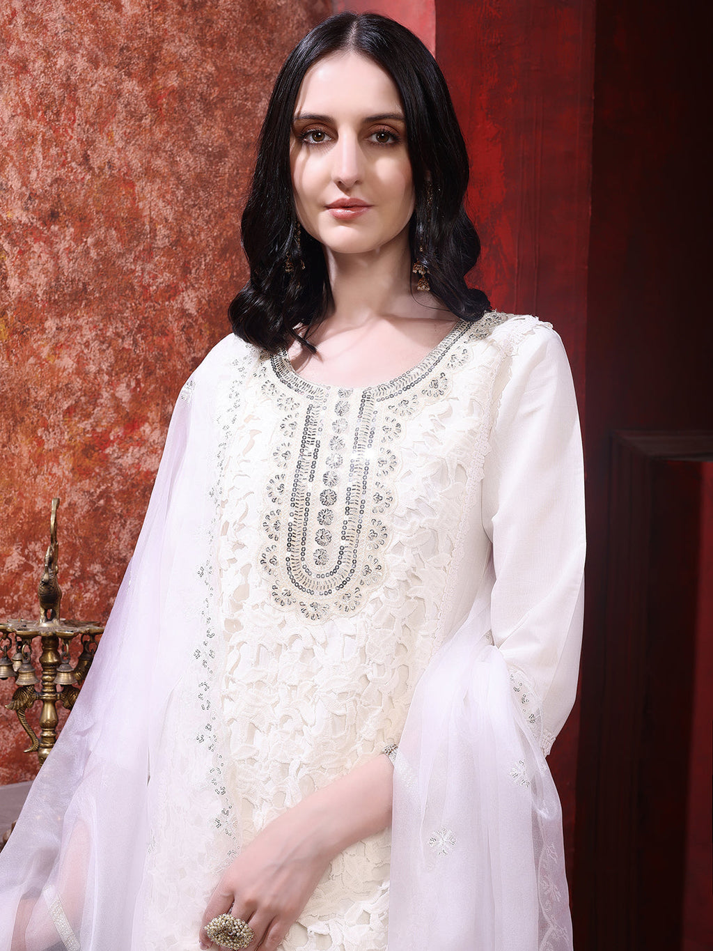 Applique Embroidered Kurta With Pant & Embroidered Dupatta, Cream - Hiral Fashion - Distacart