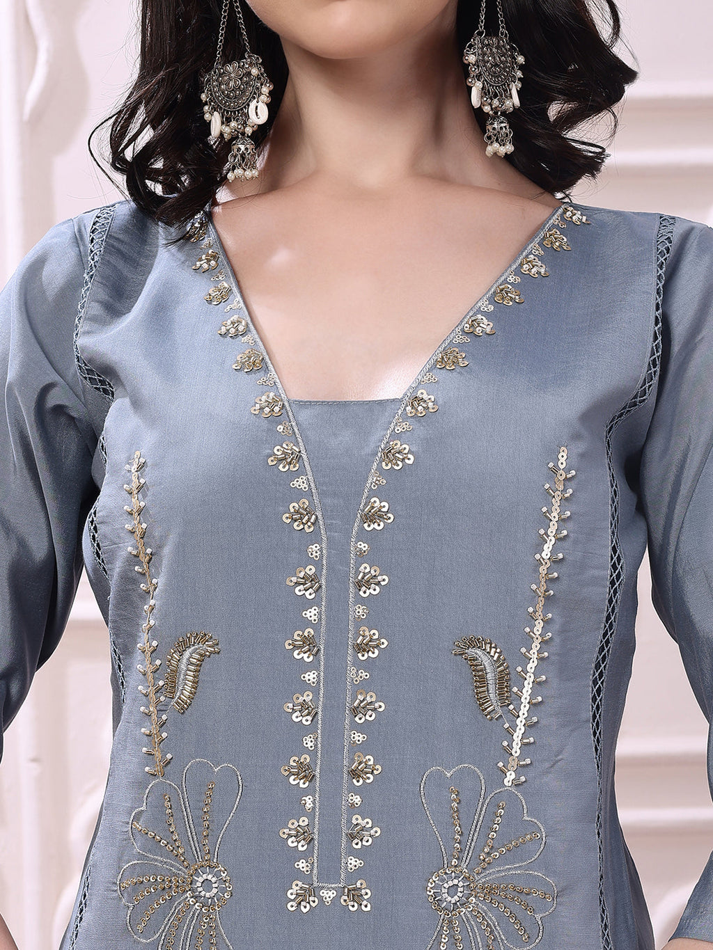 Heavy Hand Embroidered Kurta With Pant & Dupatta, Grey - Hiral Fashion - Distacart