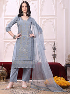 Heavy Hand Embroidered Kurta With Pant & Dupatta, Grey - Hiral Fashion - Distacart