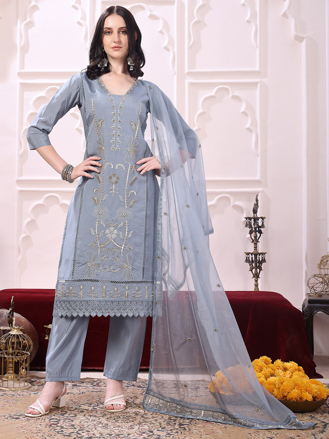 Heavy Hand Embroidered Kurta With Pant & Dupatta, Grey - Hiral Fashion - Distacart