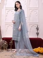 Heavy Hand Embroidered Kurta With Pant & Dupatta, Grey - Hiral Fashion - Distacart