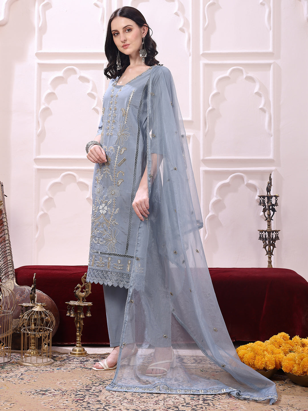 Heavy Hand Embroidered Kurta With Pant & Dupatta, Grey - Hiral Fashion - Distacart