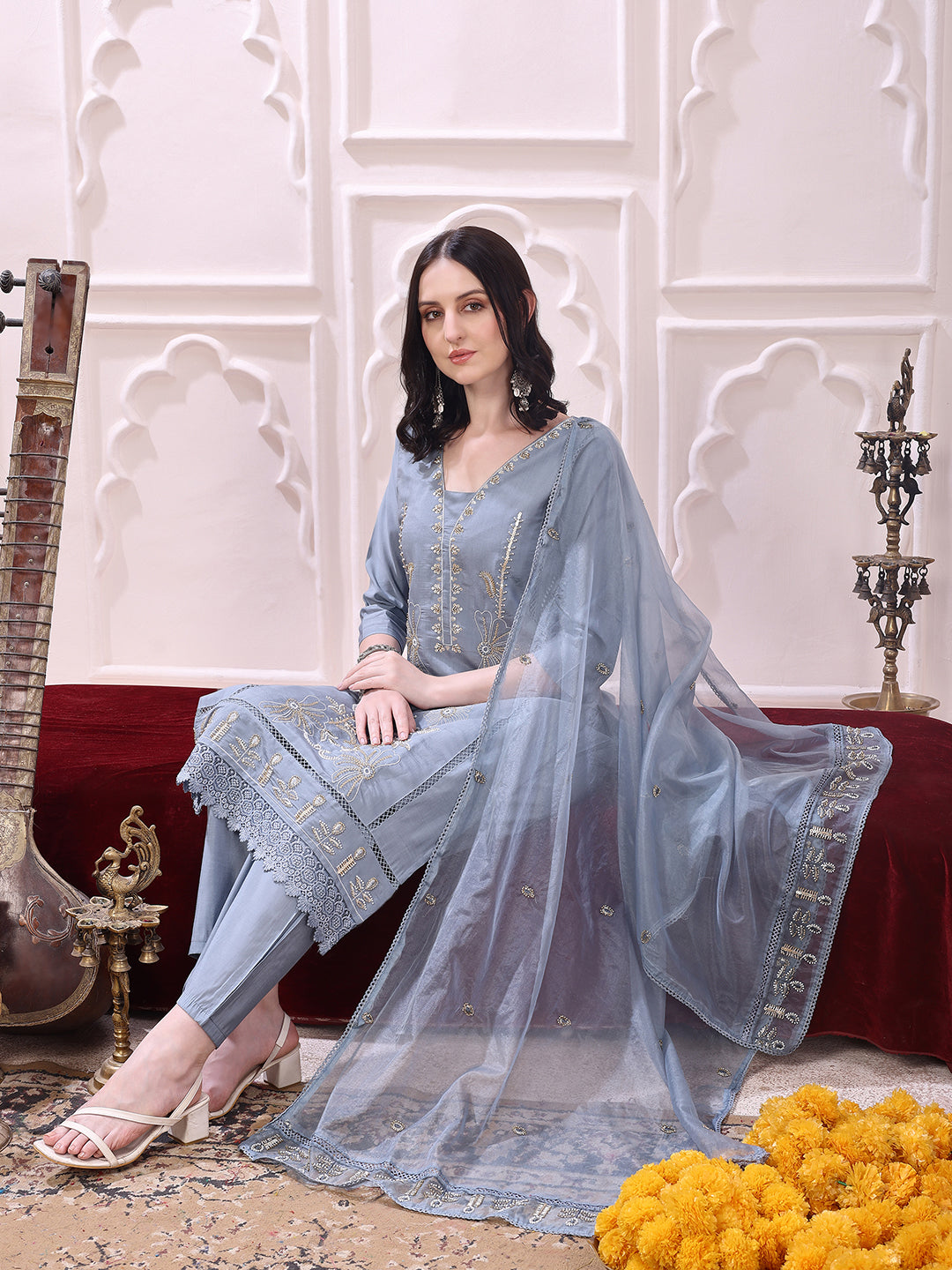 Heavy Hand Embroidered Kurta With Pant & Dupatta, Grey - Hiral Fashion - Distacart