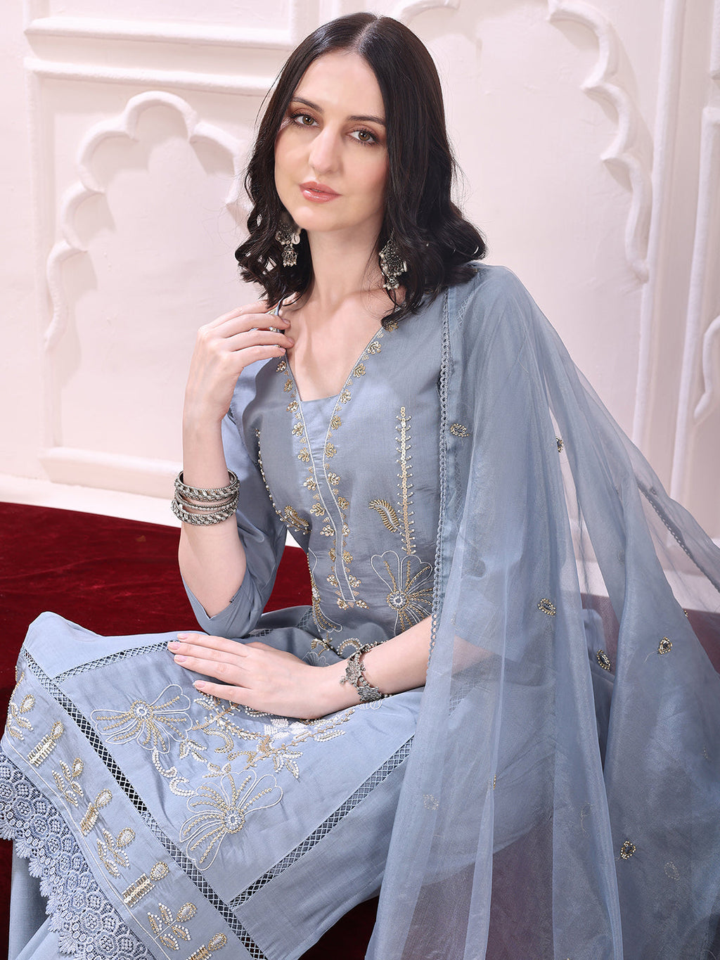 Heavy Hand Embroidered Kurta With Pant & Dupatta, Grey - Hiral Fashion - Distacart