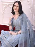 Heavy Hand Embroidered Kurta With Pant & Dupatta, Grey - Hiral Fashion - Distacart