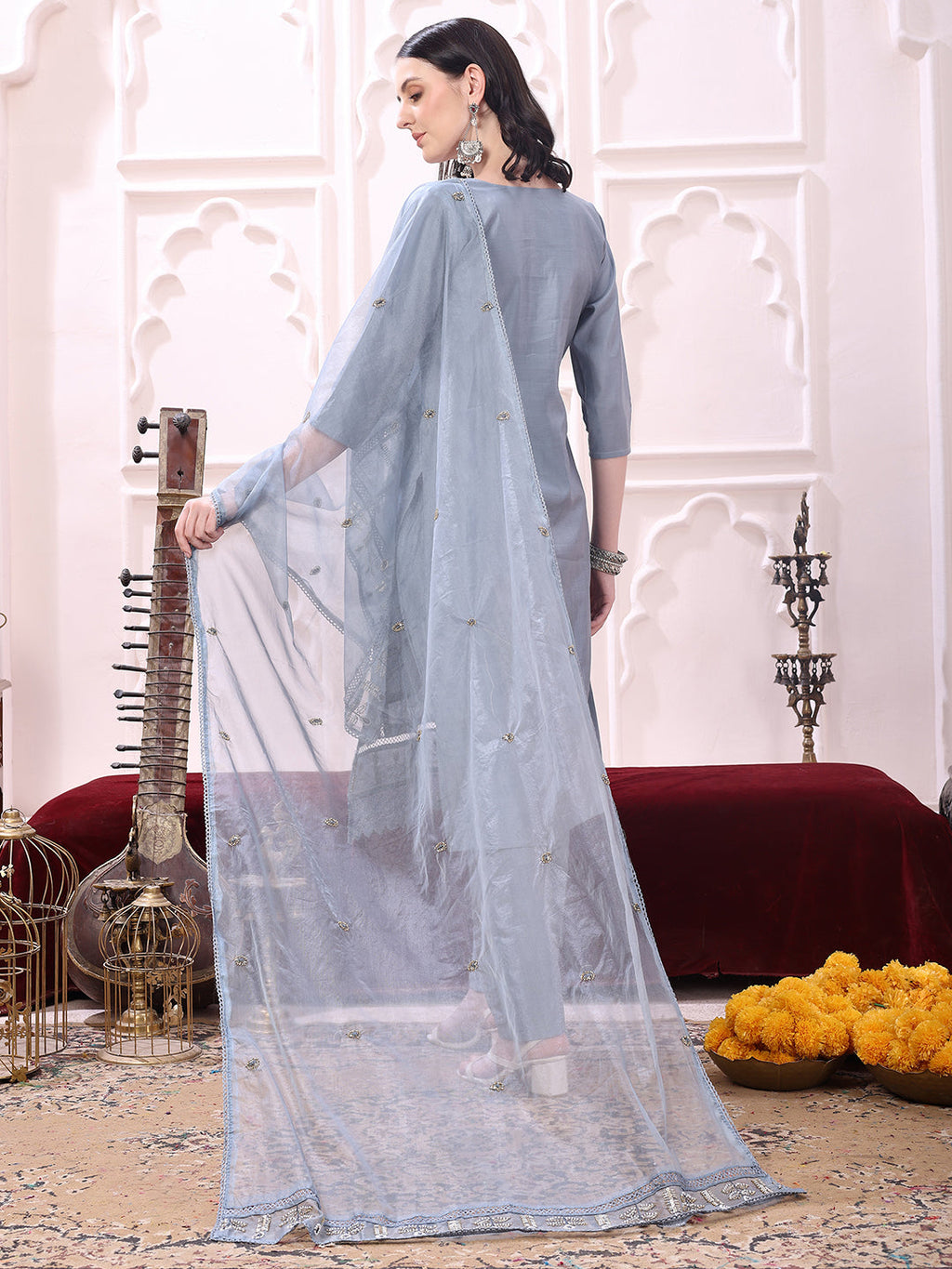 Heavy Hand Embroidered Kurta With Pant & Dupatta, Grey - Hiral Fashion - Distacart