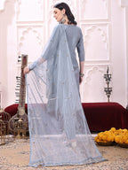 Heavy Hand Embroidered Kurta With Pant & Dupatta, Grey - Hiral Fashion - Distacart