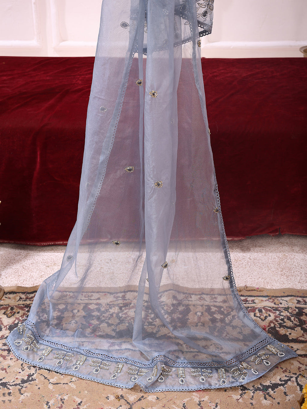 Heavy Hand Embroidered Kurta With Pant & Dupatta, Grey - Hiral Fashion - Distacart