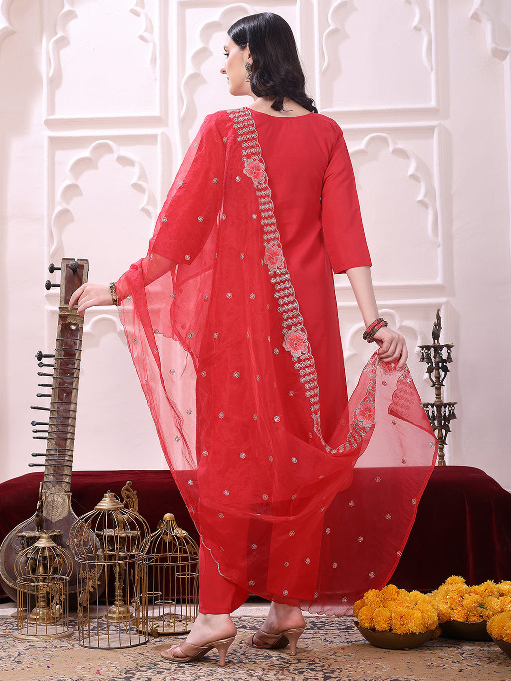 Hem Embroidered Kurta With Pant & Embroidered Dupatta, Pink - Hiral Fashion - Distacart