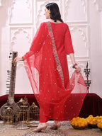 Hem Embroidered Kurta With Pant & Embroidered Dupatta, Pink - Hiral Fashion - Distacart