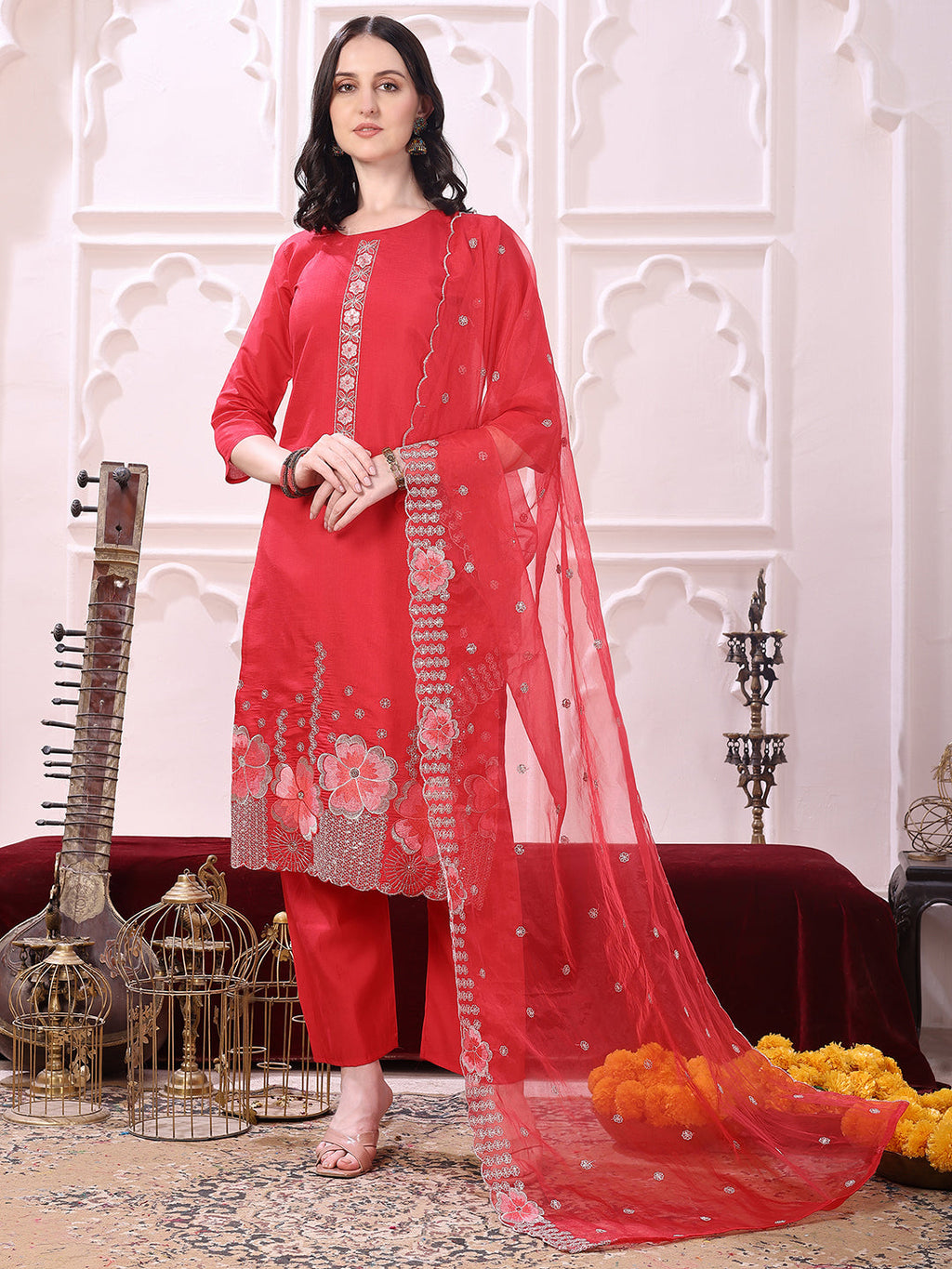 Hem Embroidered Kurta With Pant & Embroidered Dupatta, Pink - Hiral Fashion - Distacart