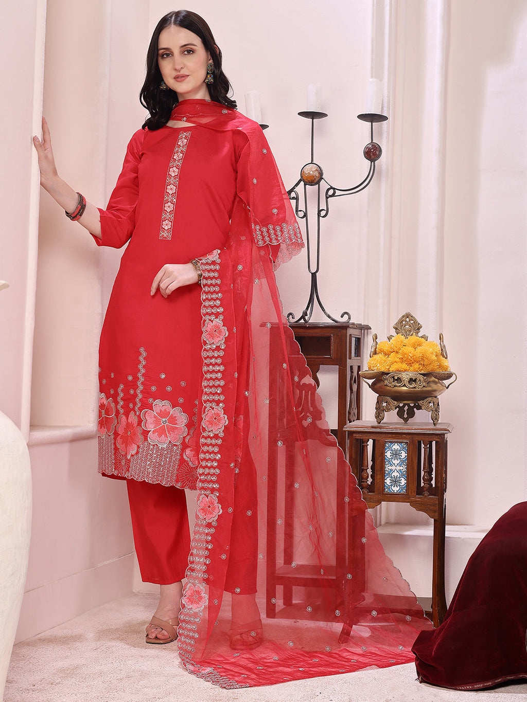 Hem Embroidered Kurta With Pant & Embroidered Dupatta, Pink - Hiral Fashion - Distacart