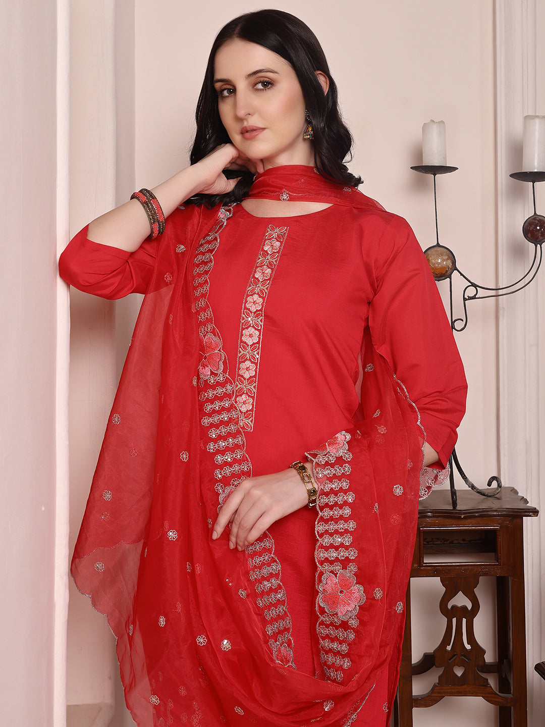 Hem Embroidered Kurta With Pant & Embroidered Dupatta, Pink - Hiral Fashion - Distacart