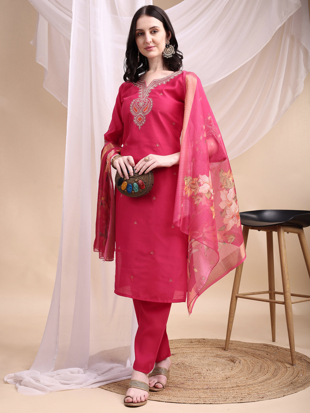 Embroidered Kurta With Pant & Printed Organza Dupatta, Pink - Hiral Fashion - Distacart