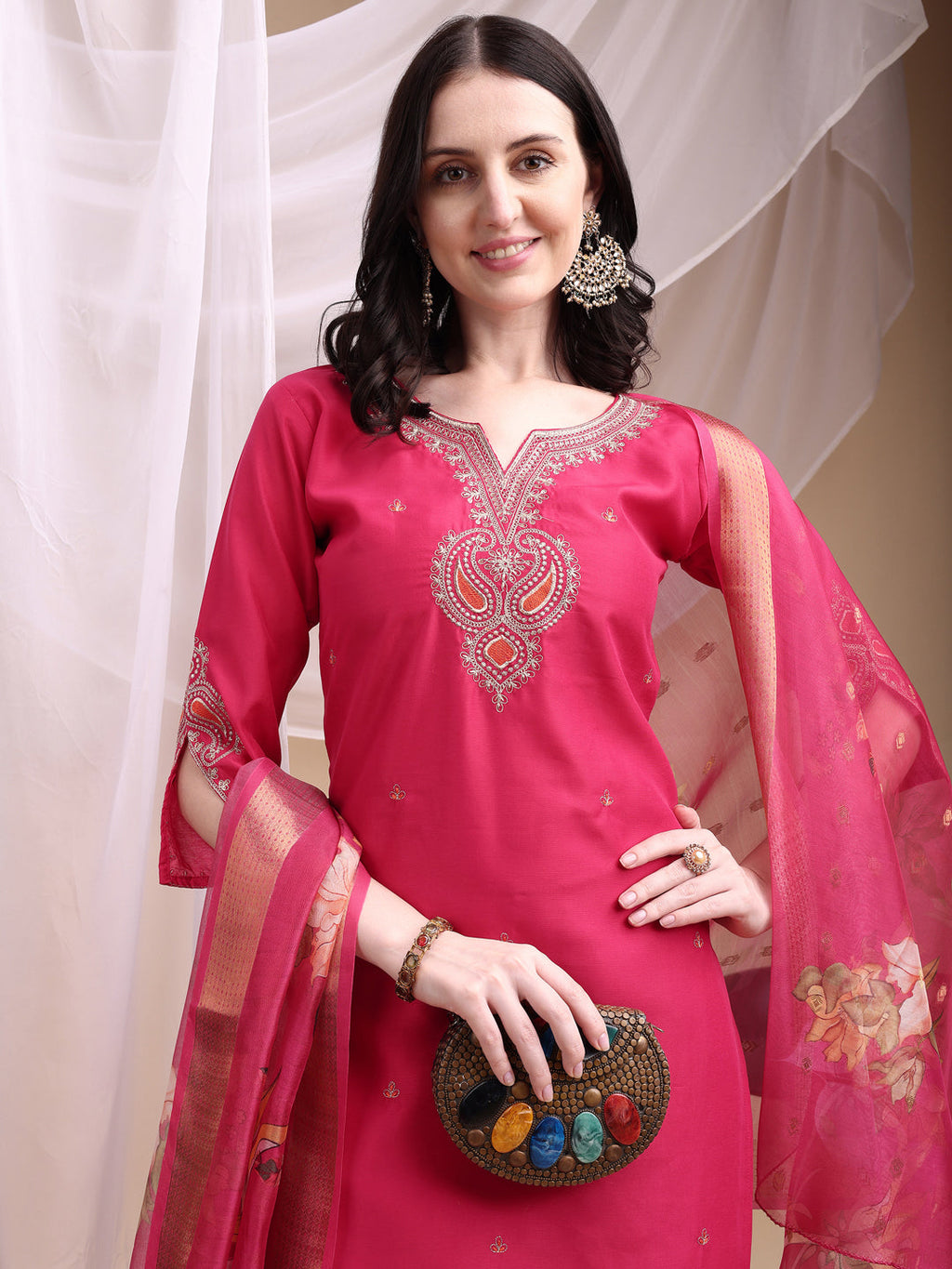 Embroidered Kurta With Pant & Printed Organza Dupatta, Pink - Hiral Fashion - Distacart