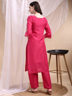 Embroidered Kurta With Pant & Printed Organza Dupatta, Pink - Hiral Fashion - Distacart