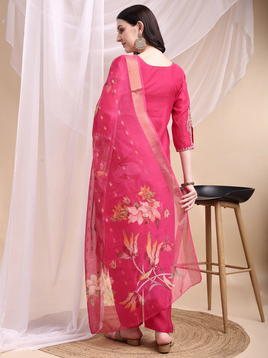 Embroidered Kurta With Pant & Printed Organza Dupatta, Pink - Hiral Fashion - Distacart