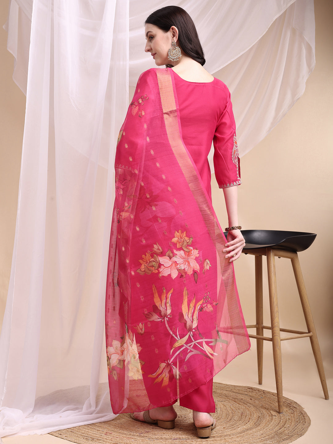 Embroidered Kurta With Pant & Printed Organza Dupatta, Pink - Hiral Fashion - Distacart