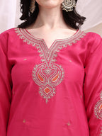 Embroidered Kurta With Pant & Printed Organza Dupatta, Pink - Hiral Fashion - Distacart