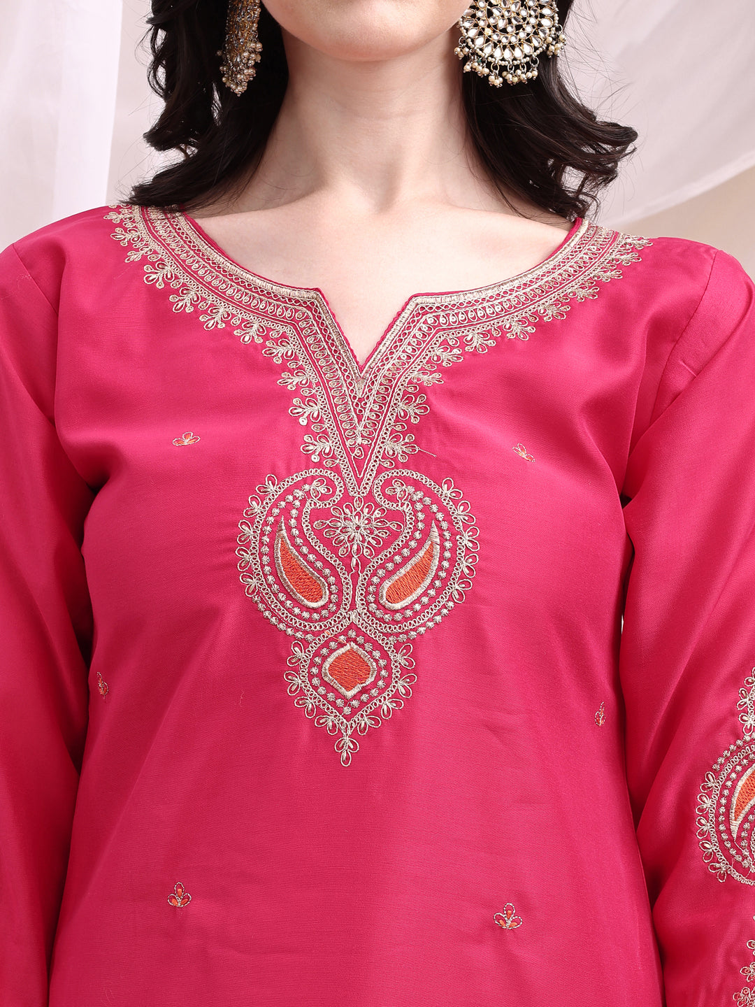 Embroidered Kurta With Pant & Printed Organza Dupatta, Pink - Hiral Fashion - Distacart