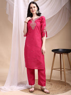 Embroidered Kurta With Pant & Printed Organza Dupatta, Pink - Hiral Fashion - Distacart