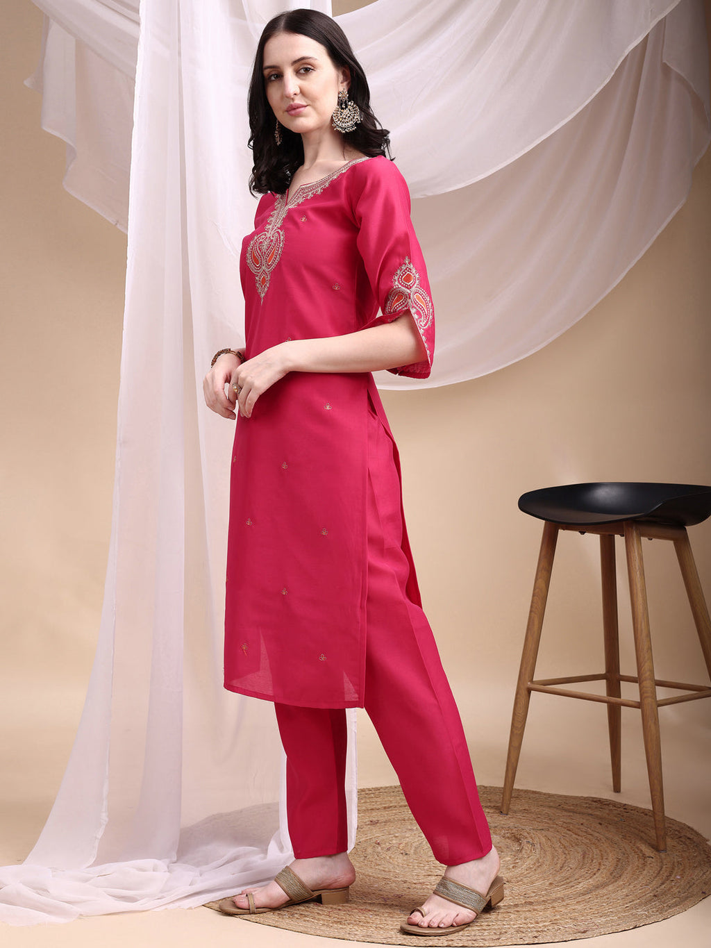 Embroidered Kurta With Pant & Printed Organza Dupatta, Pink - Hiral Fashion - Distacart