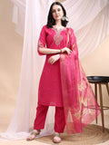 Embroidered Kurta With Pant & Printed Organza Dupatta, Pink - Hiral Fashion - Distacart