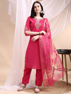 Embroidered Kurta With Pant & Printed Organza Dupatta, Pink - Hiral Fashion - Distacart