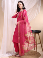 Embroidered Kurta With Pant & Printed Organza Dupatta, Pink - Hiral Fashion - Distacart