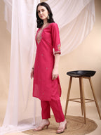 Embroidered Kurta With Pant & Printed Organza Dupatta, Pink - Hiral Fashion - Distacart